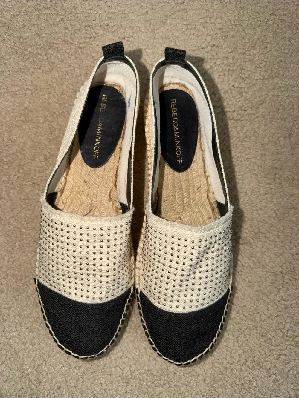 Rebecca Minkoff Espadrille Flats 8.5 Black Cream Studded Slip On Shoes